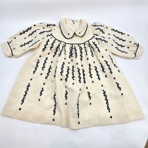 Belati‎ Girls Dress Cream Wool Navy Embroidered